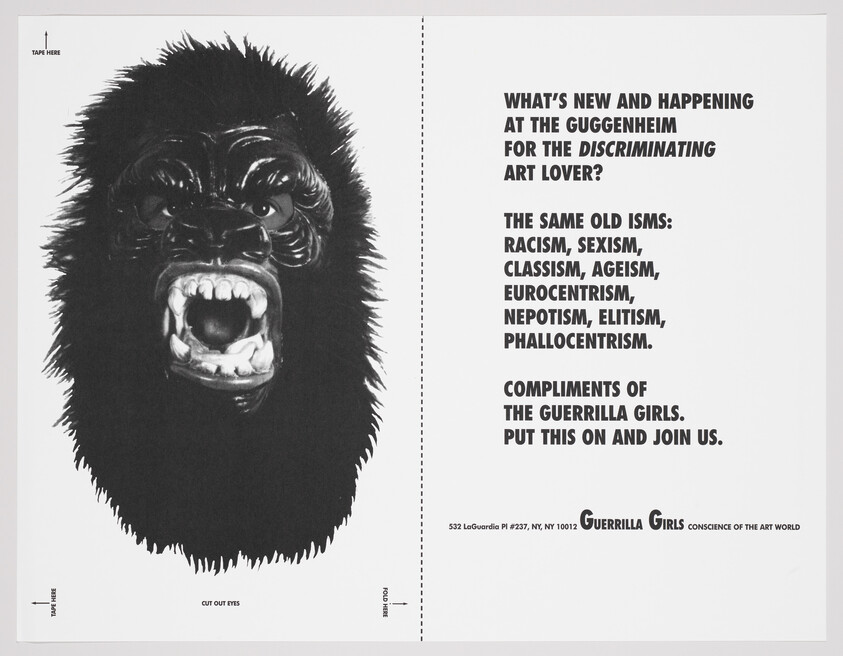A large gorilla mask next to text listing racism, sexism, classism, and other institutional biases.