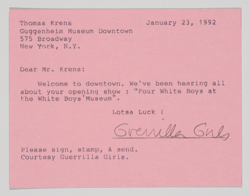 A pink typed note welcoming a museum director to downtown about an opening show, signed Guerrilla Girls.