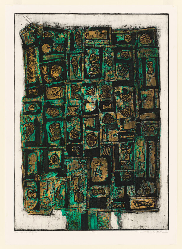 Large abstract grid of green and gold textured blocks arranged like worn tiles.