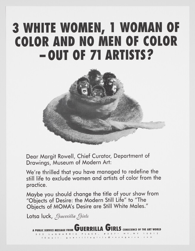 Poster showing gorilla-masked figures and text questioning lack of artists of color in MoMA exhibition.