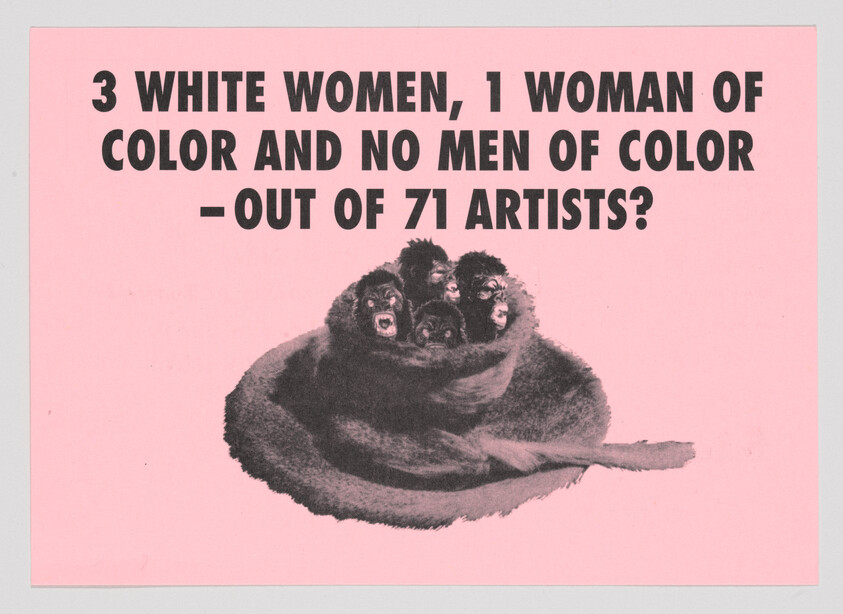 Poster with text criticizing exhibition diversity, asking why 3 white women, 1 woman of color, and no men of color.