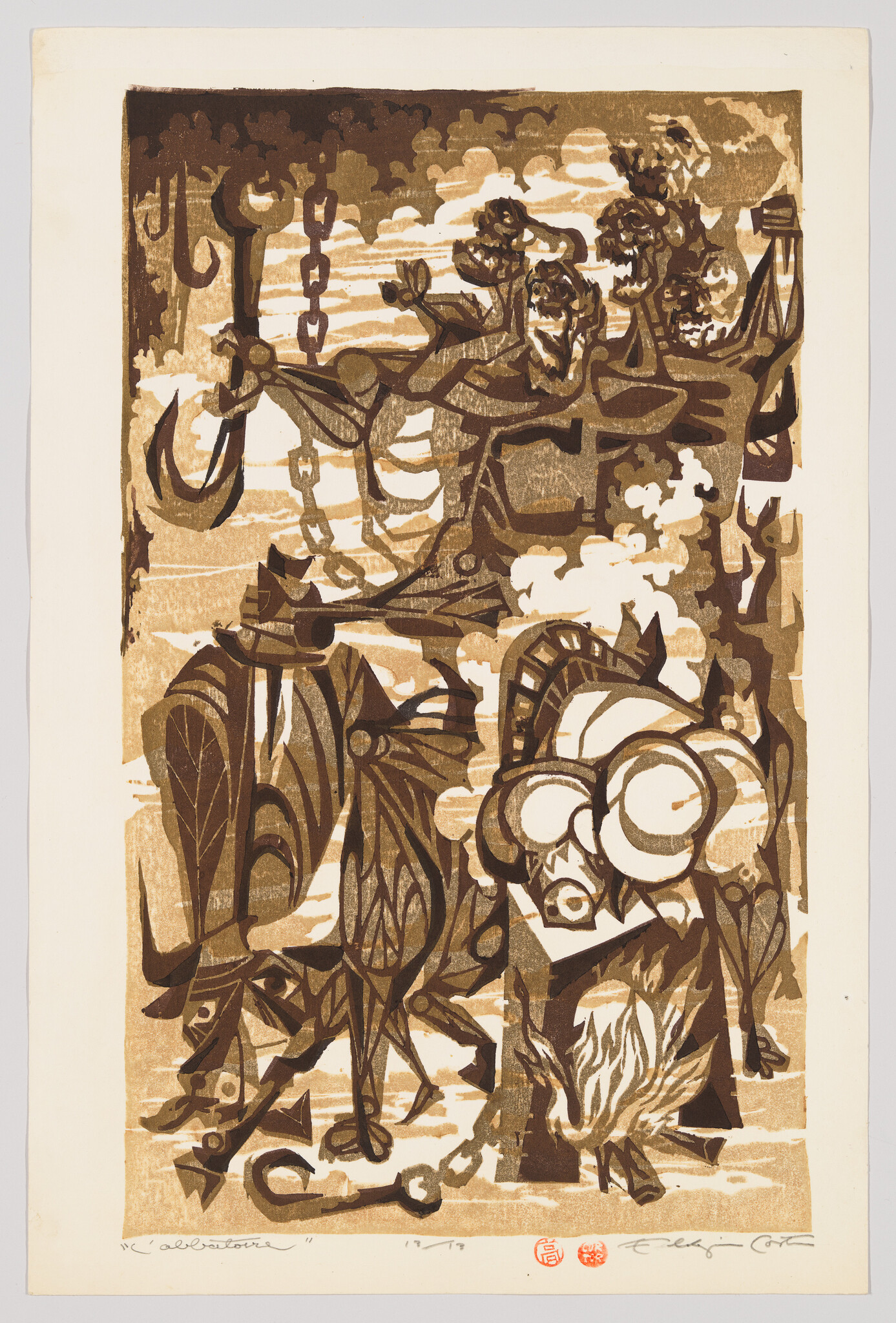 A stylized brown woodcut shows chained hooks, a cart with large barrels, and burning flames.