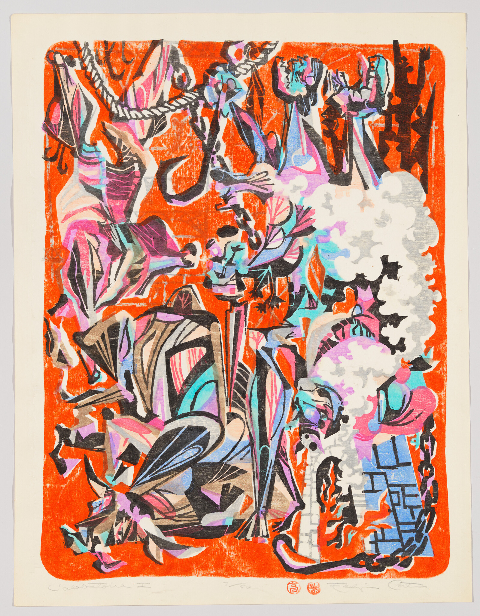 Bright orange abstract print with colorful organic shapes, hanging ropes, and billowing white smoke.