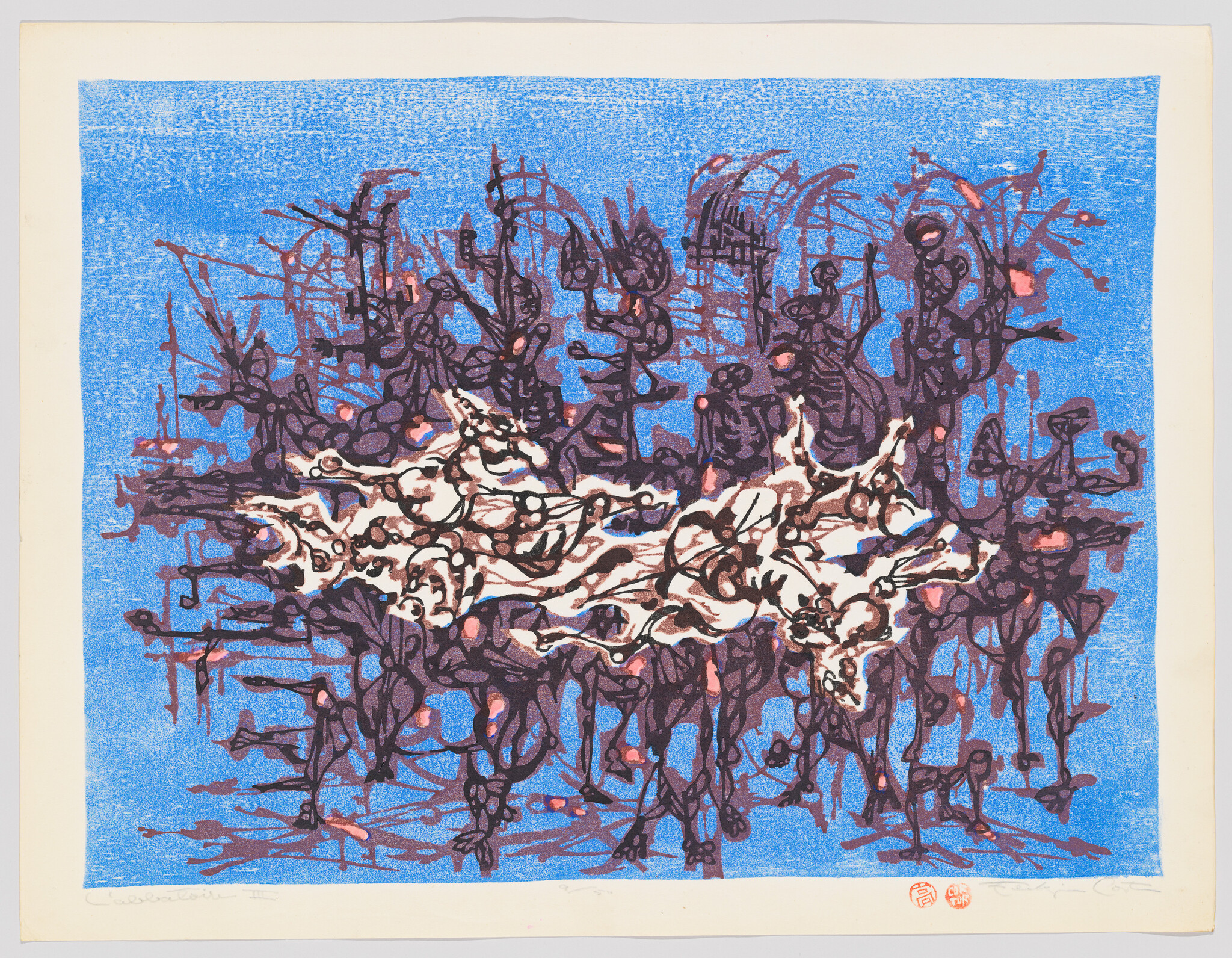 Abstract composition with tangled white and dark purple organic shapes against a textured blue background.