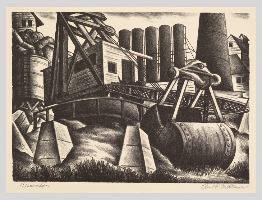 Black and white lithograph of an industrial landscape with silos, a smokestack, and machinery.