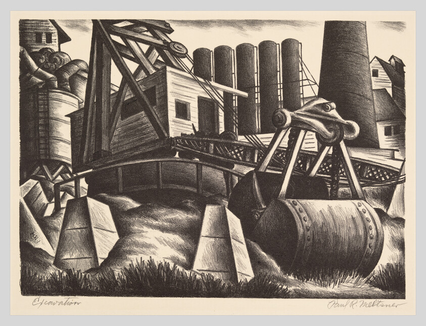 A large crane with a heavy clamshell bucket sits among silos and factory structures.