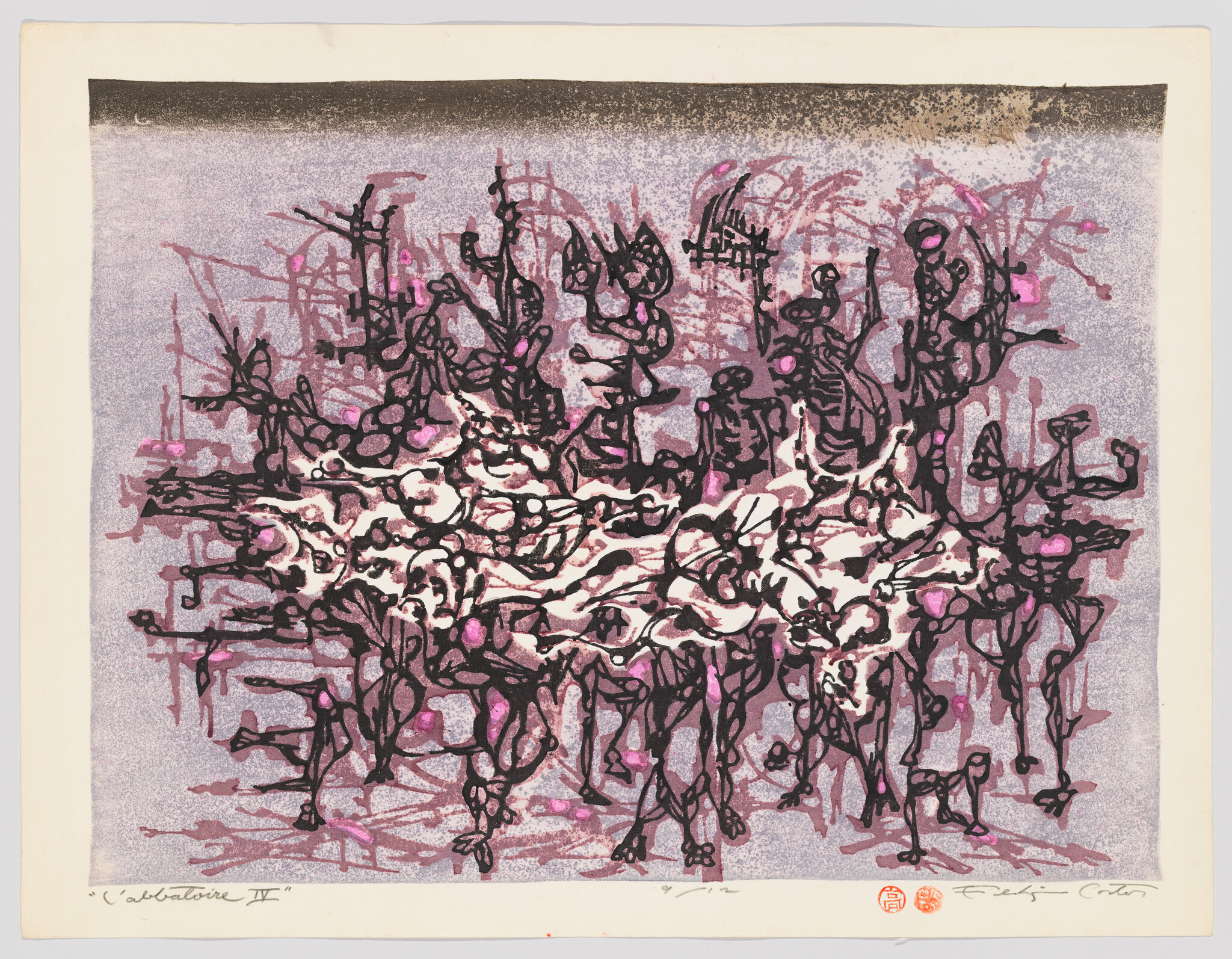 Abstract tangled dark line figures and shapes clustered over a mottled purple background.