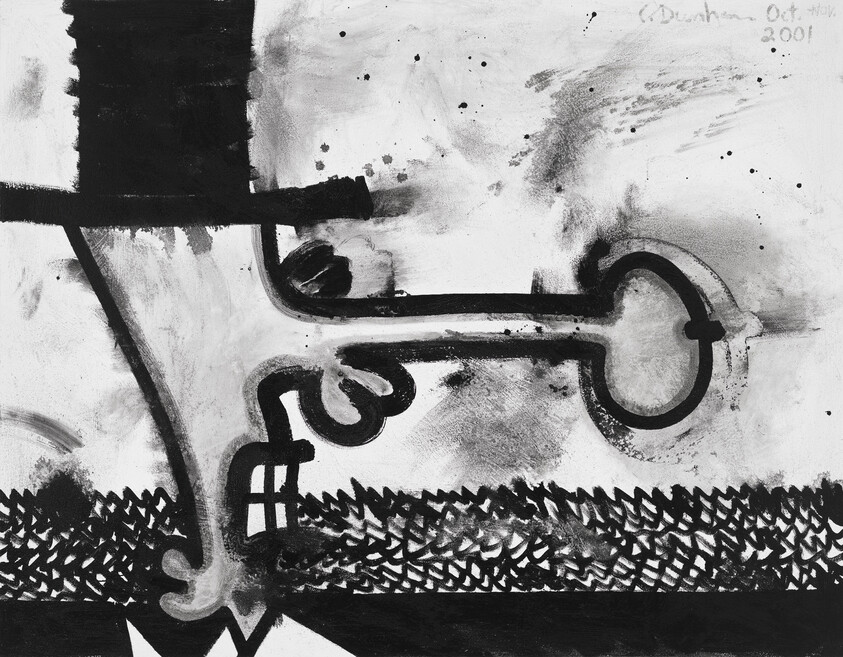 A black and white abstract painting featuring bold brush strokes and shapes that resemble a key-like figure on the right side. The background has various textures and markings, with a date and signature in the top right corner indicating "Oct. 2001." The lower part of the artwork displays a pattern that could be interpreted as a woven or braided texture.