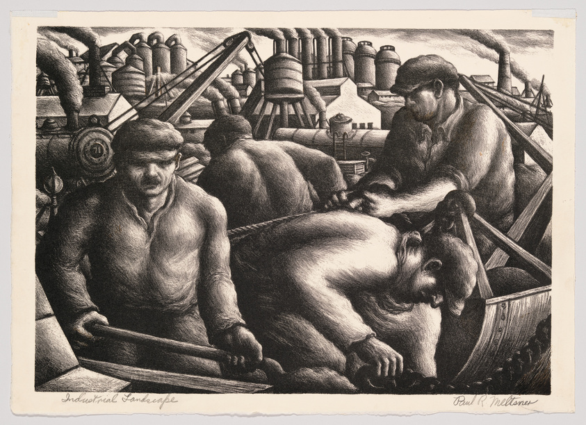 A black and white lithograph titled "Industrial Landscape" by Paul R. Meltsner, depicting two muscular men working with machinery in a factory setting. The foreground shows one man in profile, gripping a large wheel, while the other, facing away, operates levers. In the background, an array of industrial equipment and smokestacks suggests a bustling, early 20th-century industrial environment.