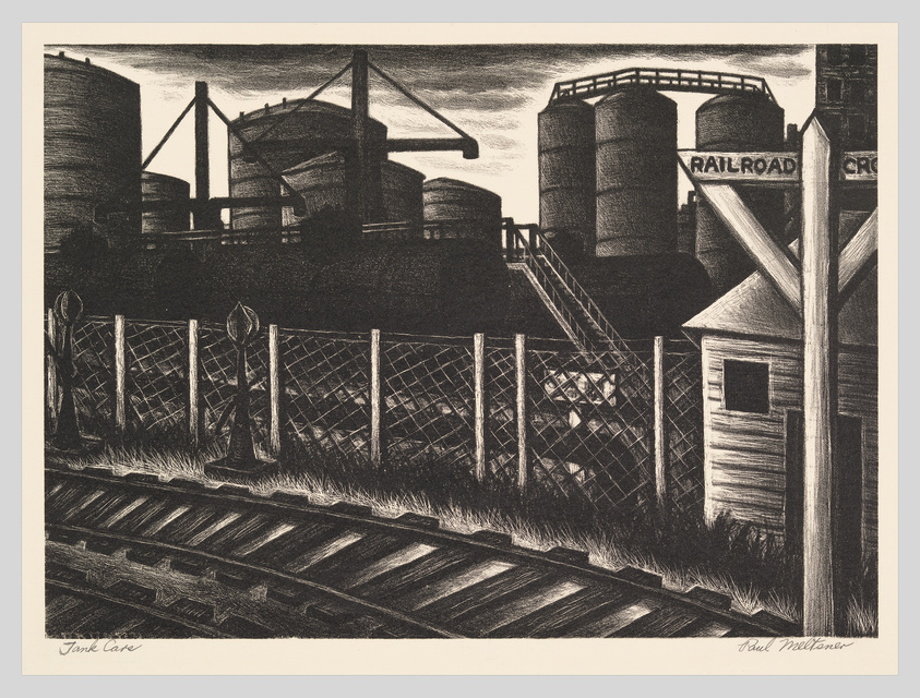 Black and white etching of an industrial scene with silos, cranes, and a railroad crossing sign.