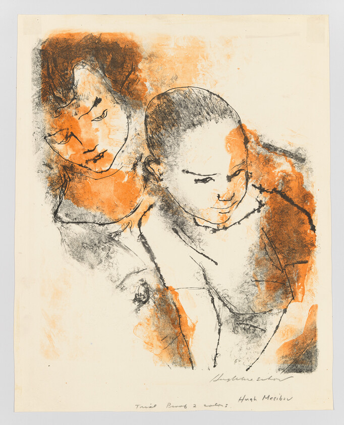 Two children sit closely together in a loose orange and black sketch.