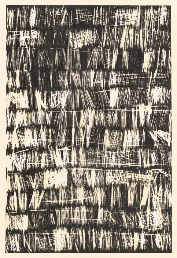 Dense black-and-white abstract pattern of vertical and horizontal brush scratches across a textured surface.