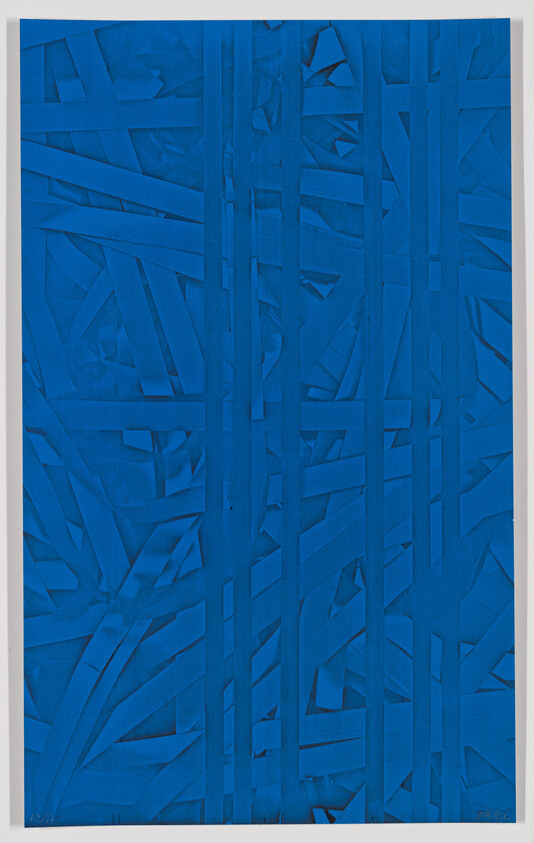 A large blue canvas with overlapping vertical and diagonal strips forming a textured geometric pattern.