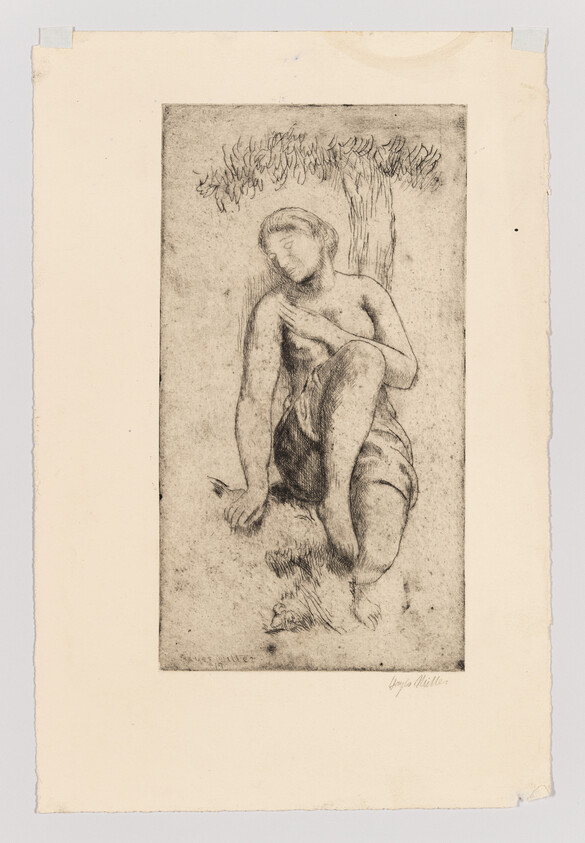 A seated woman resting against a tree with one knee raised and hand on her chest.