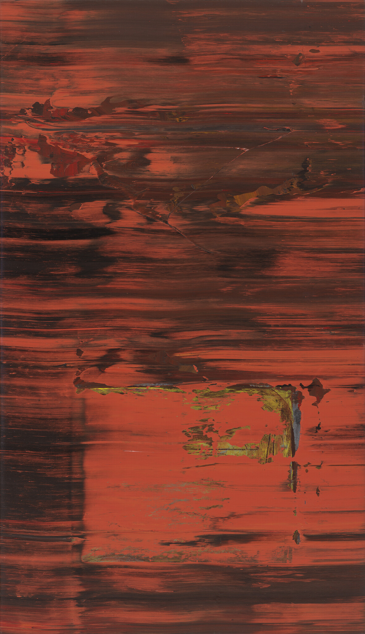 Abstract painting with red and dark brown horizontal streaks and a yellow-green patch.