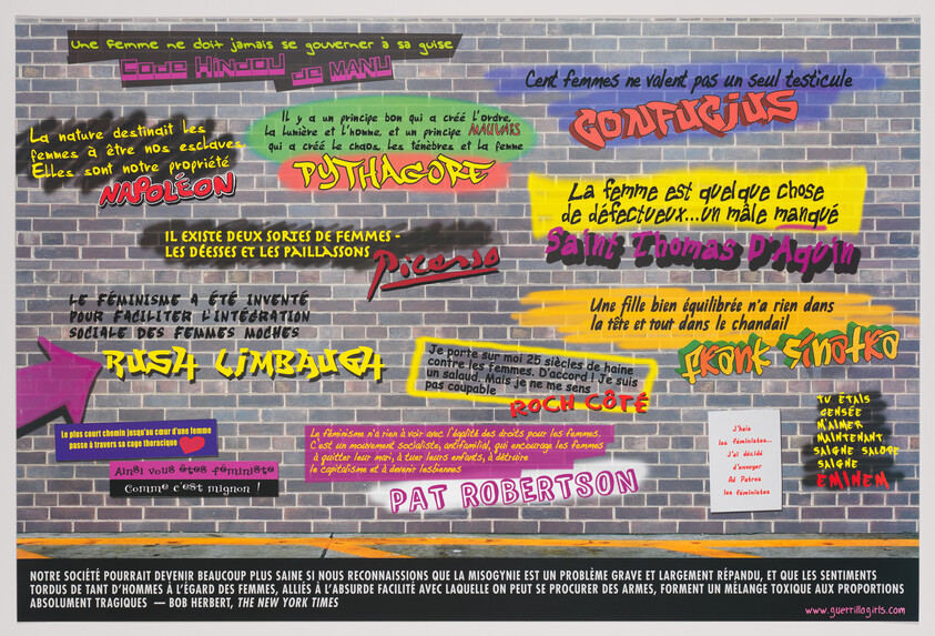 A brick wall covered with misogynistic quotes from famous men, each highlighted in bright colors with their names.