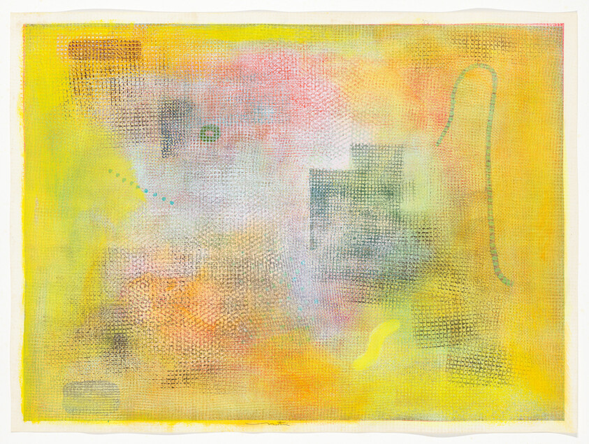 A soft yellow abstract painting with textured grid patterns, pastel washes, and small marks.
