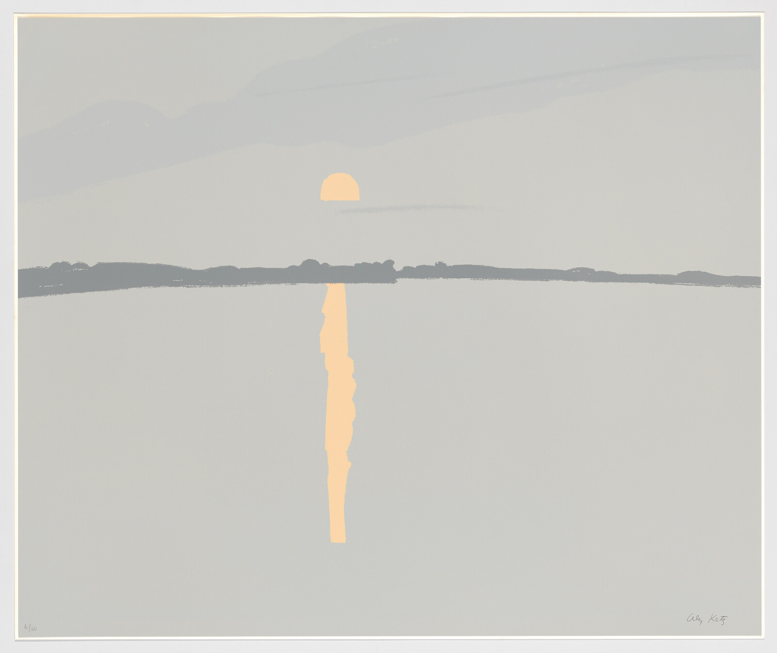 A pale orange sun sets over a calm gray horizon with its vertical reflection on water.
