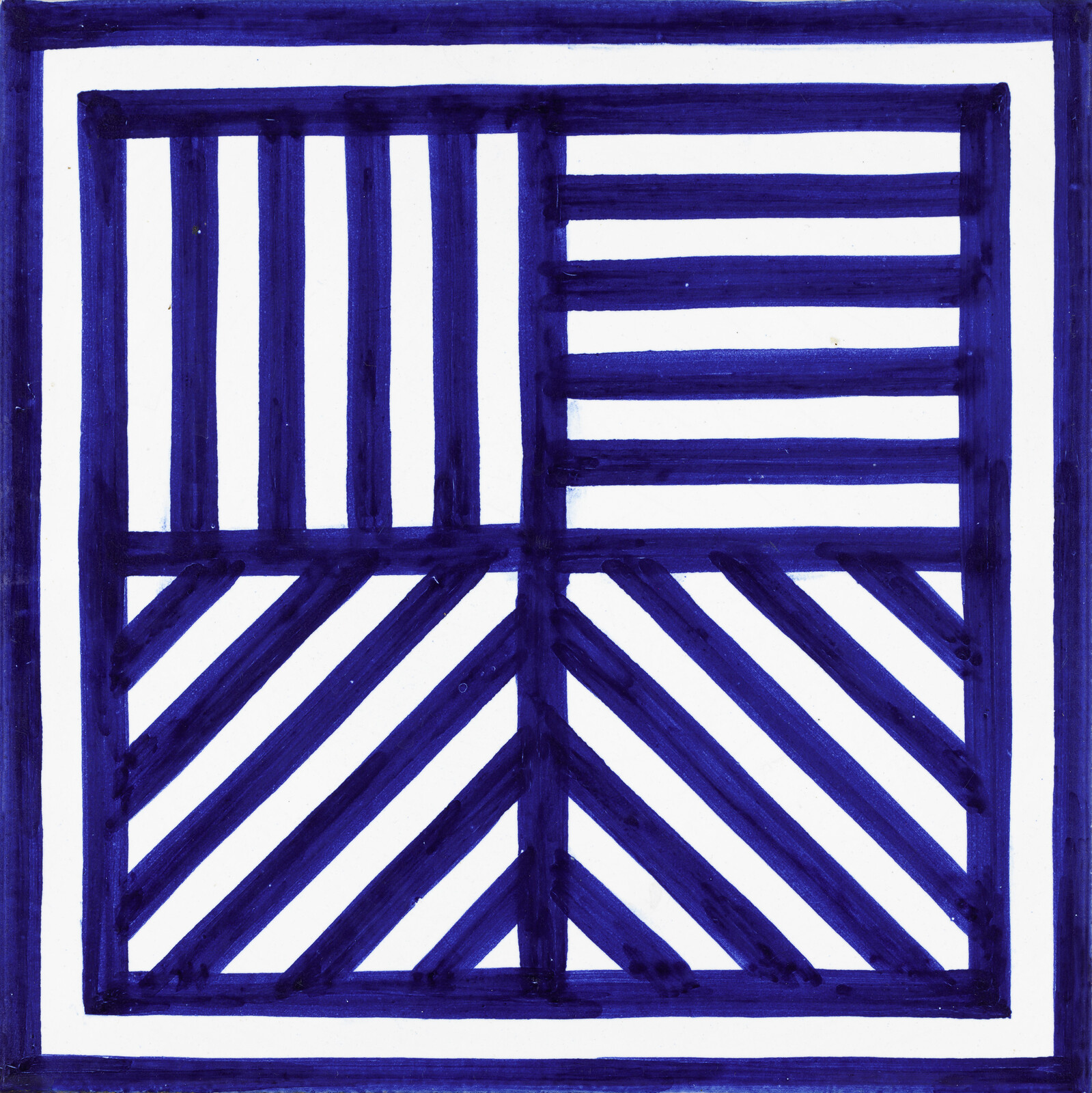 Square with blue and white quadrants showing vertical, horizontal, and diagonal stripe patterns.