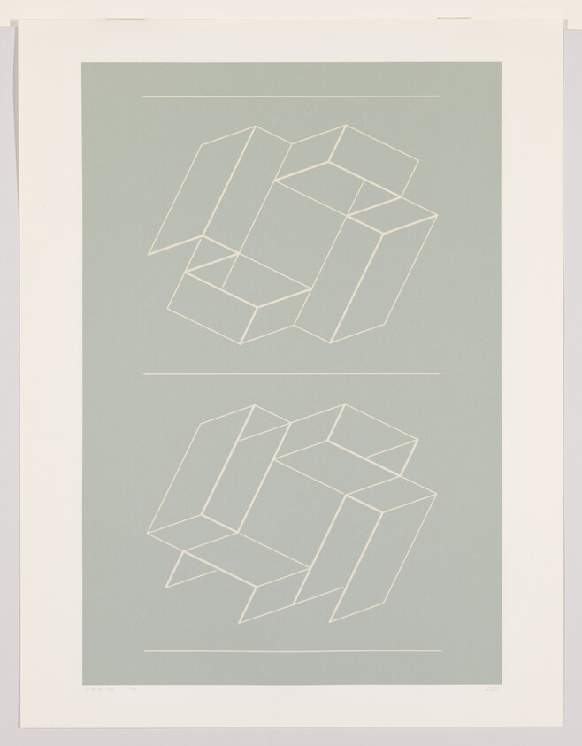 Two white wireframe geometric shapes are stacked vertically on a muted green background with horizontal lines.