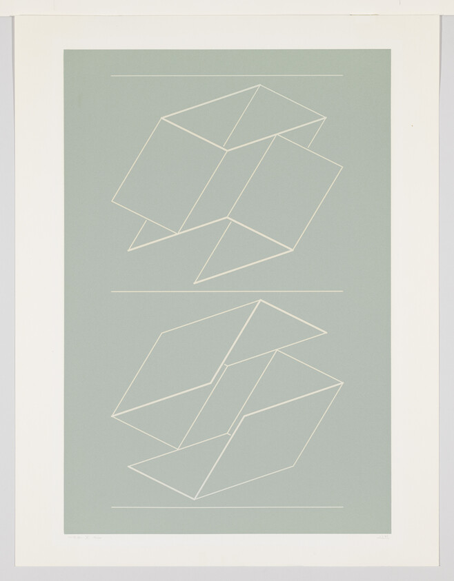 Two wireframe geometric shapes resembling folded cubes are mirrored above and below horizontal lines.