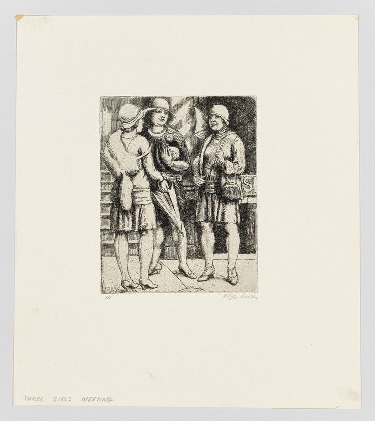 Three flapper-era women stand on a sidewalk talking, one holding an umbrella and wearing a fur.