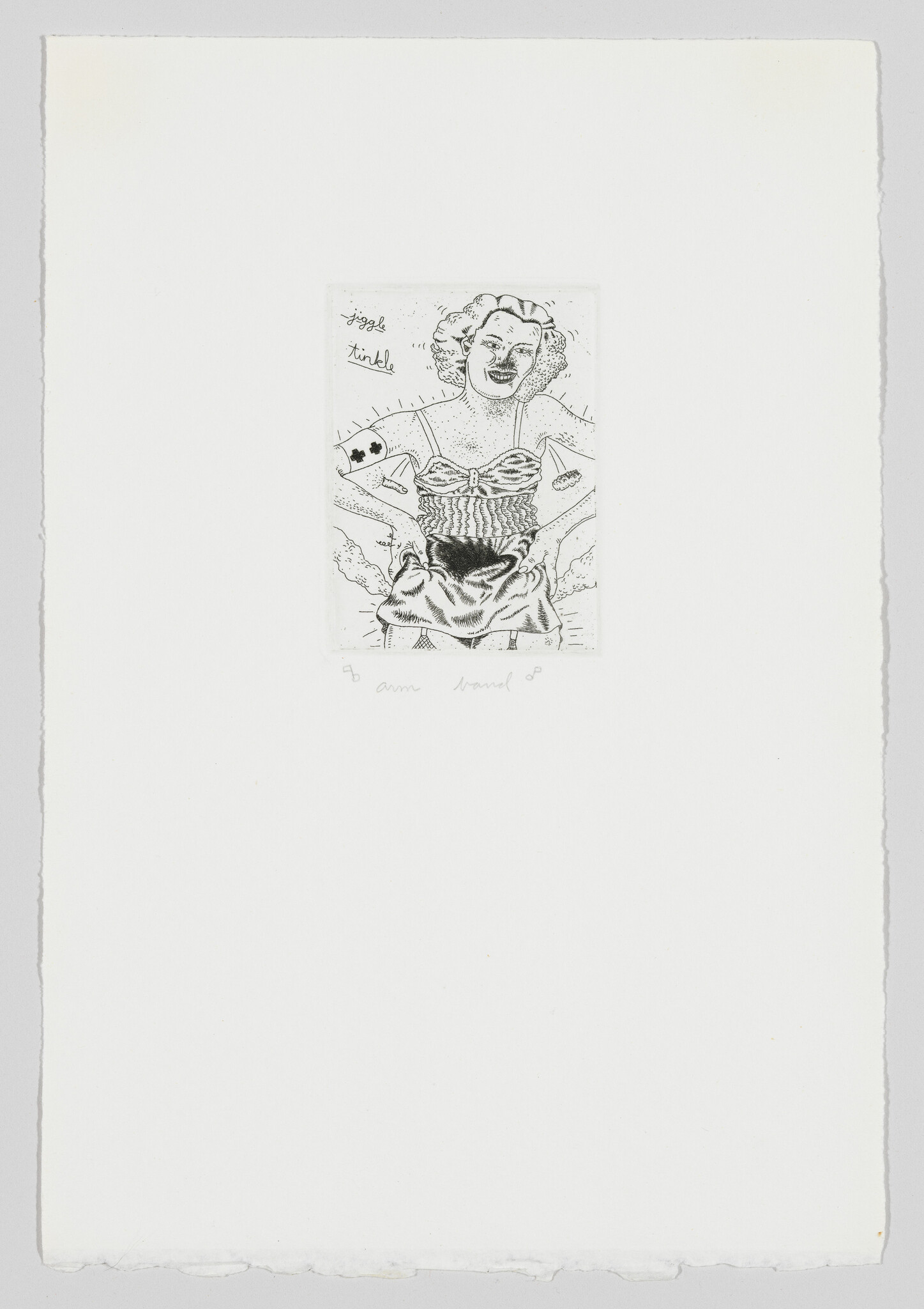 A laughing woman wearing vintage lingerie pulls down her skirt while the words "giggle tinkle" appear.