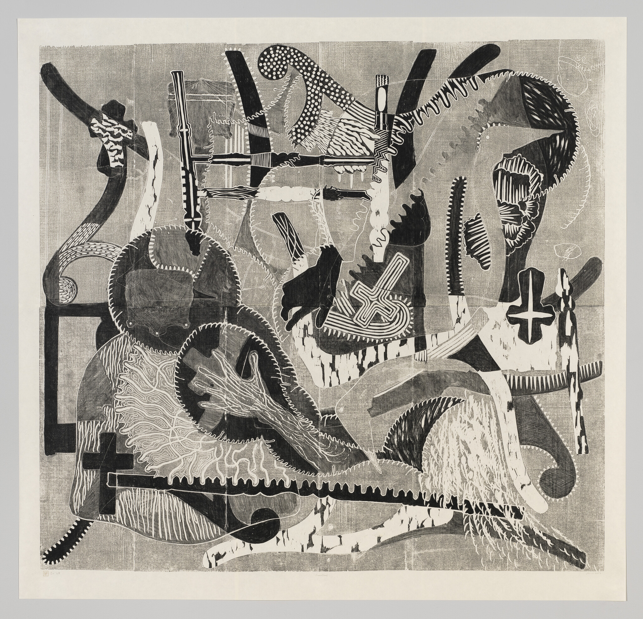 Abstract black-and-white composition of interlocking gears, hands, sawlike shapes, and patterned organic forms.