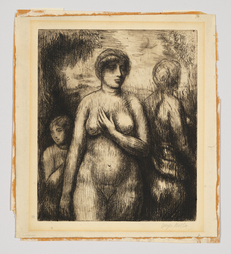 Three nude women stand in a dark sketch, the central figure facing forward with her hand on her chest.
