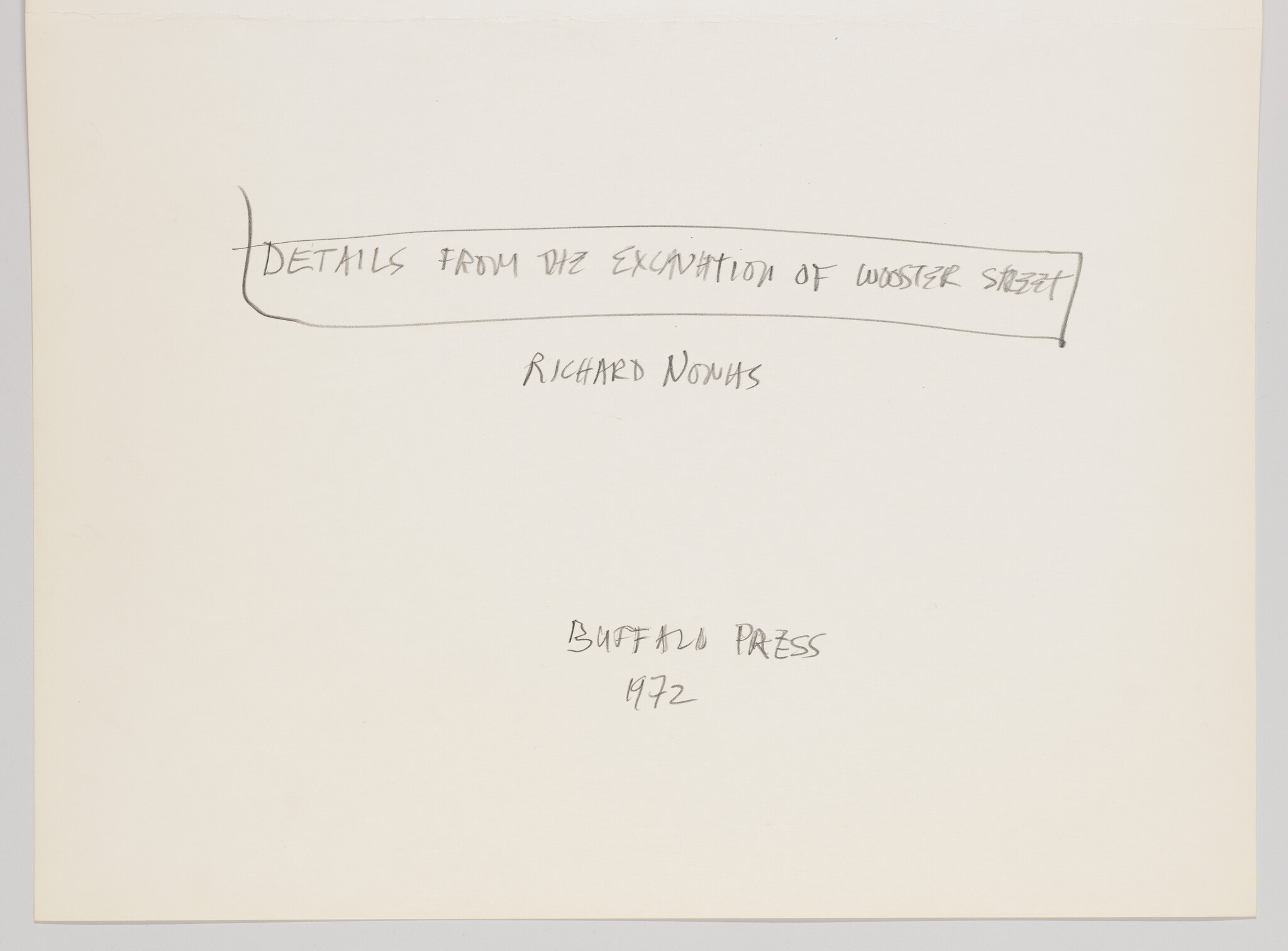 Handwritten title and credits reading "Details from the Excavation of Wooster Street" by Richard Nonas, Buffalo Press 1972.