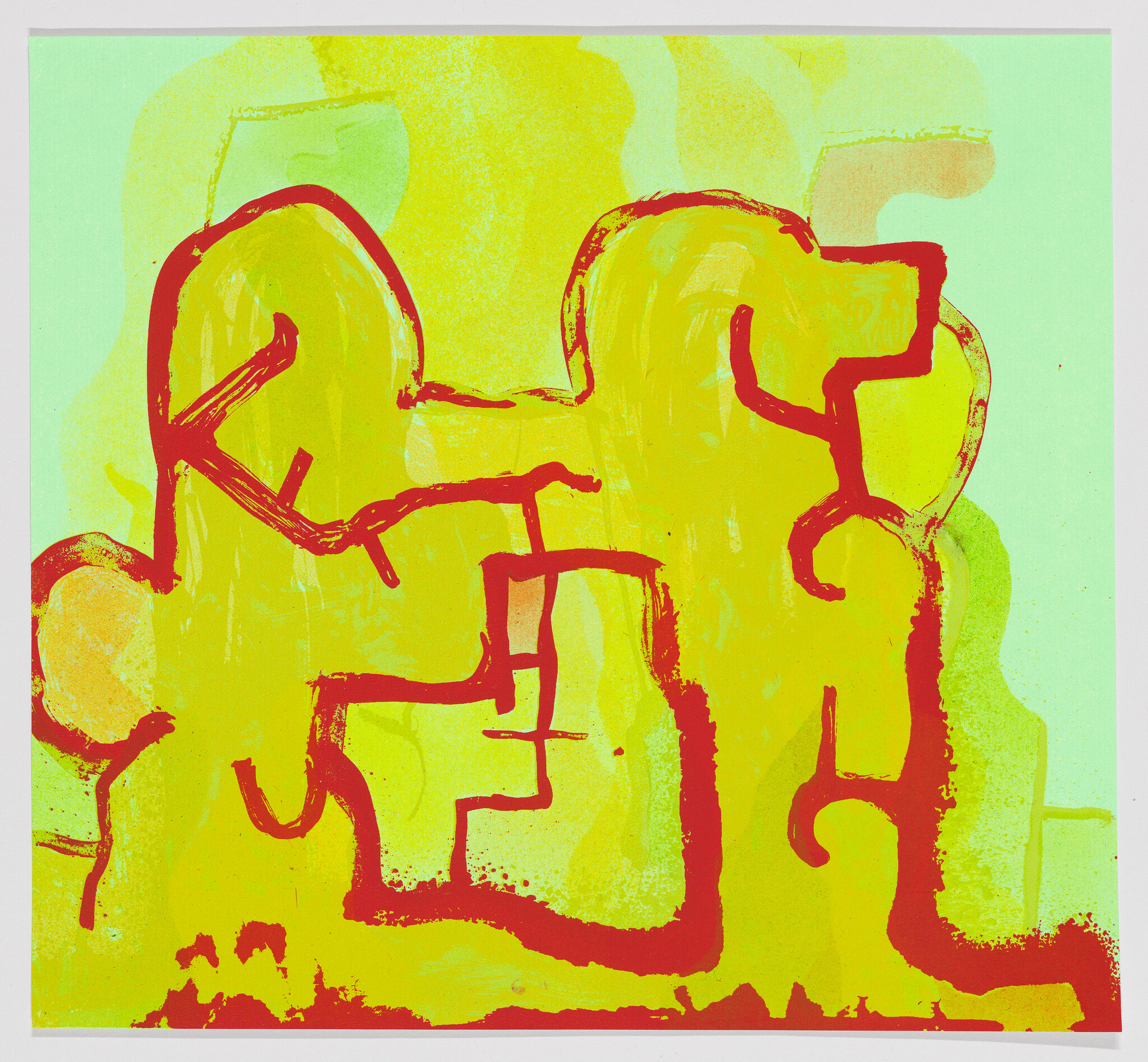 Abstract painting with bold red squiggly lines over a yellow and green gradient background, resembling a child's drawing or a modern art piece.