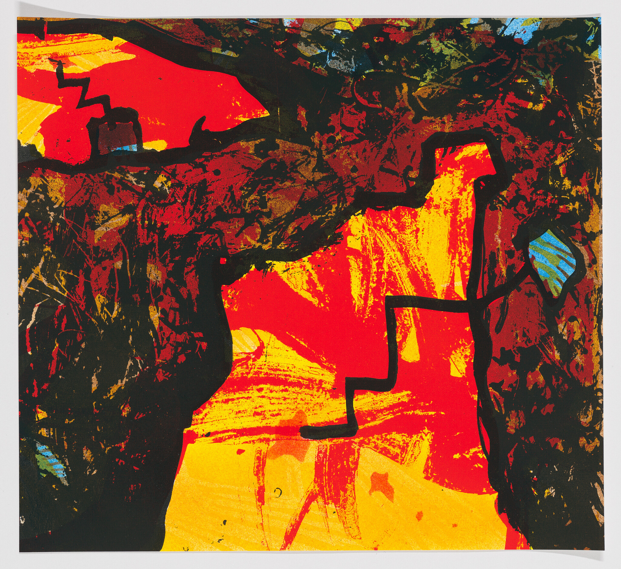 This image displays an abstract expressionist painting with vibrant red and yellow colors dominating the composition, interspersed with black, blue, and white accents. The painting features bold, chaotic brushstrokes and splatters, creating a dynamic and energetic visual effect.