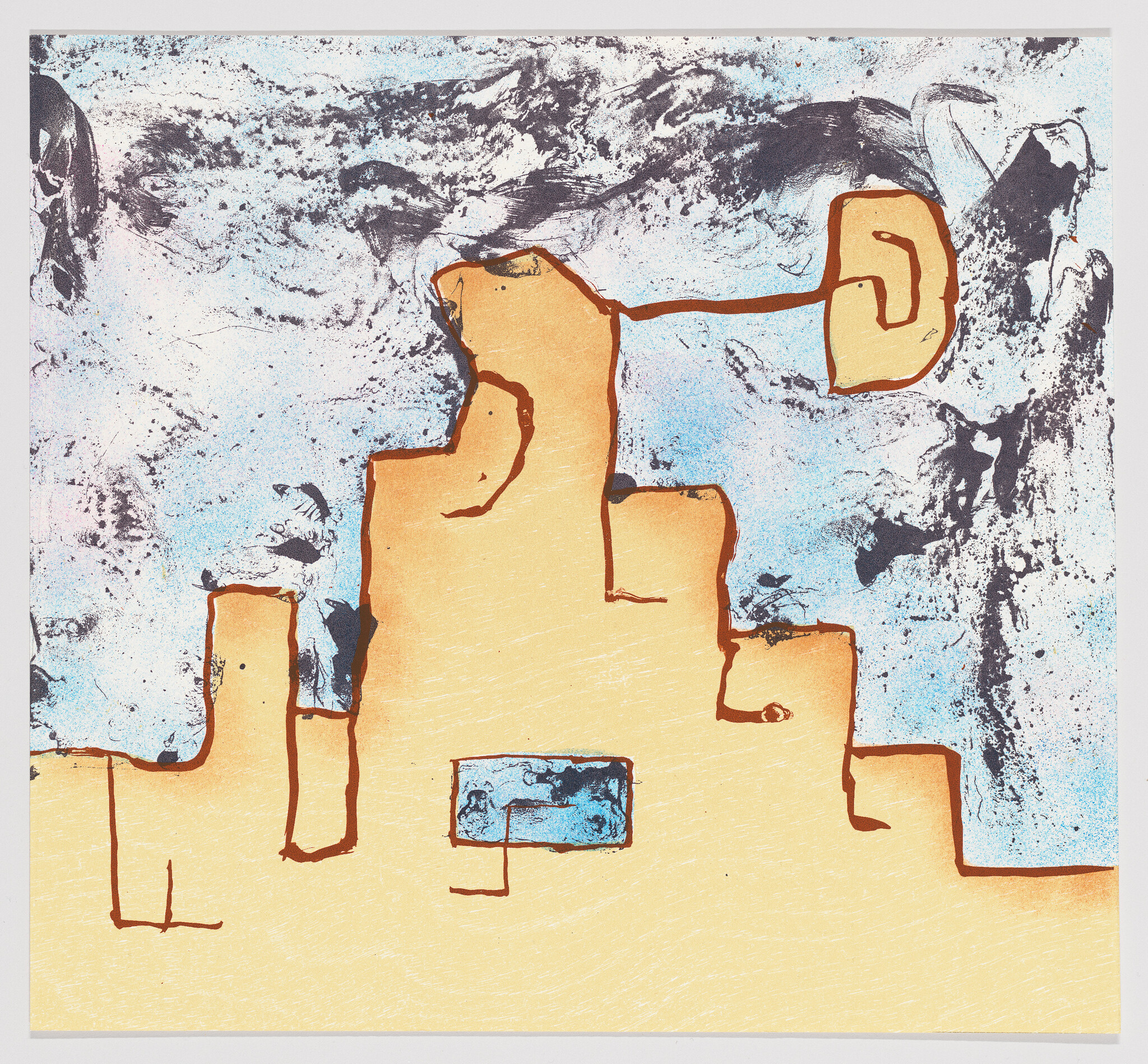 Abstract artwork featuring a series of irregular, terracotta-colored shapes resembling a cityscape or circuitry on a textured background with splashes of blue and black ink.