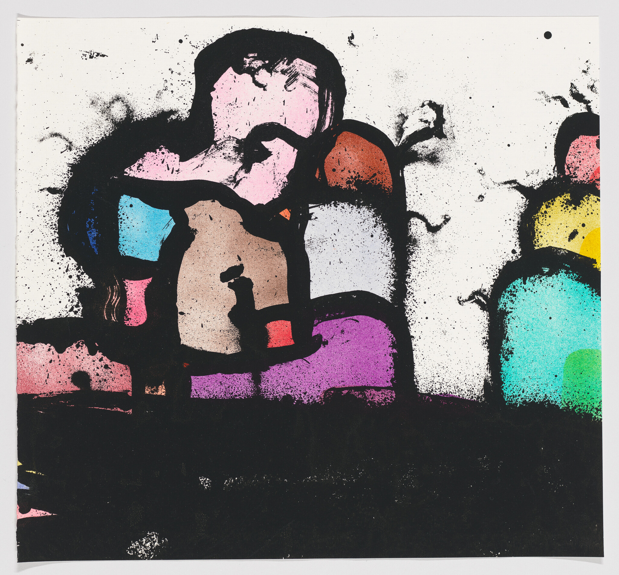 A colorful abstract artwork with splattered and splotched ink in various hues including pink, blue, yellow, and purple, creating a silhouette that suggests a figure amidst shapes. The background is white with black ink splatters.