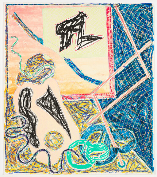 Abstract composition with colorful nets, looping tubes, ladder-like frame, and bold black brush shapes.