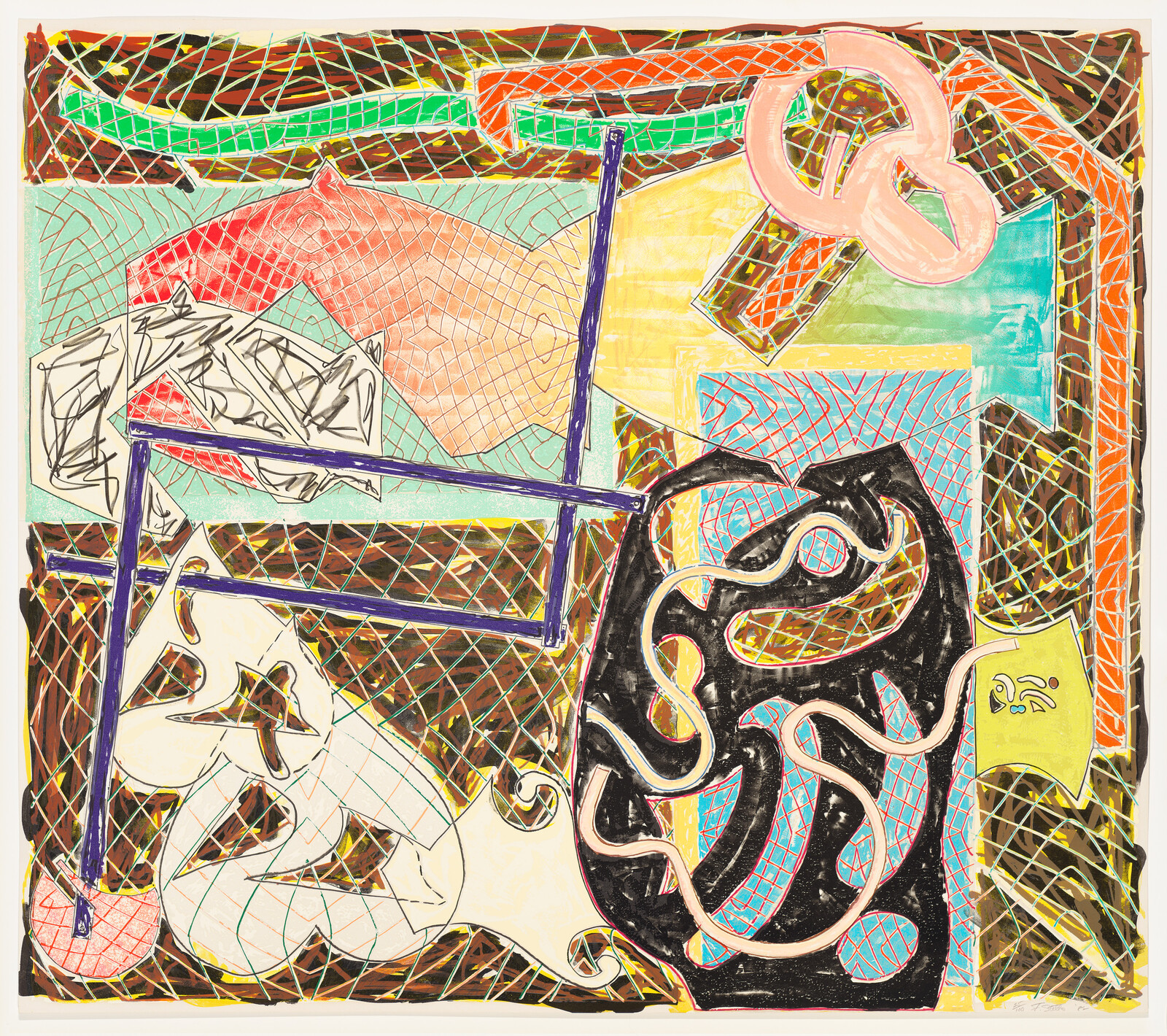 Colorful abstract composition with a black vase-like form, looping ribbons, and a purple frame.