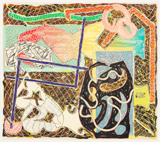 Colorful abstract composition with a black vase-like form, looping ribbons, and a purple frame.