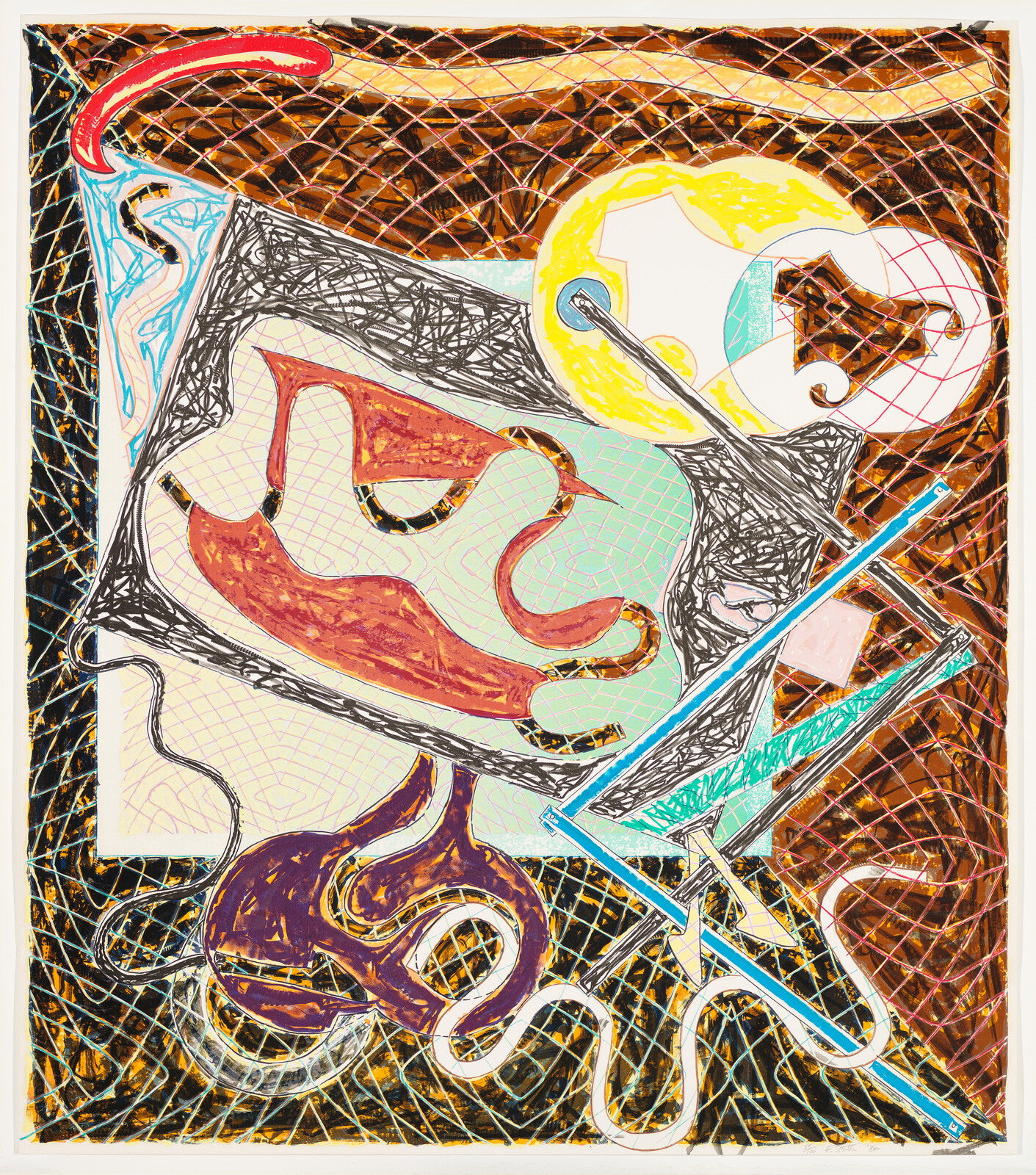 Bright abstract composition with swirling organic shapes, a grid background, and intersecting blue lines.