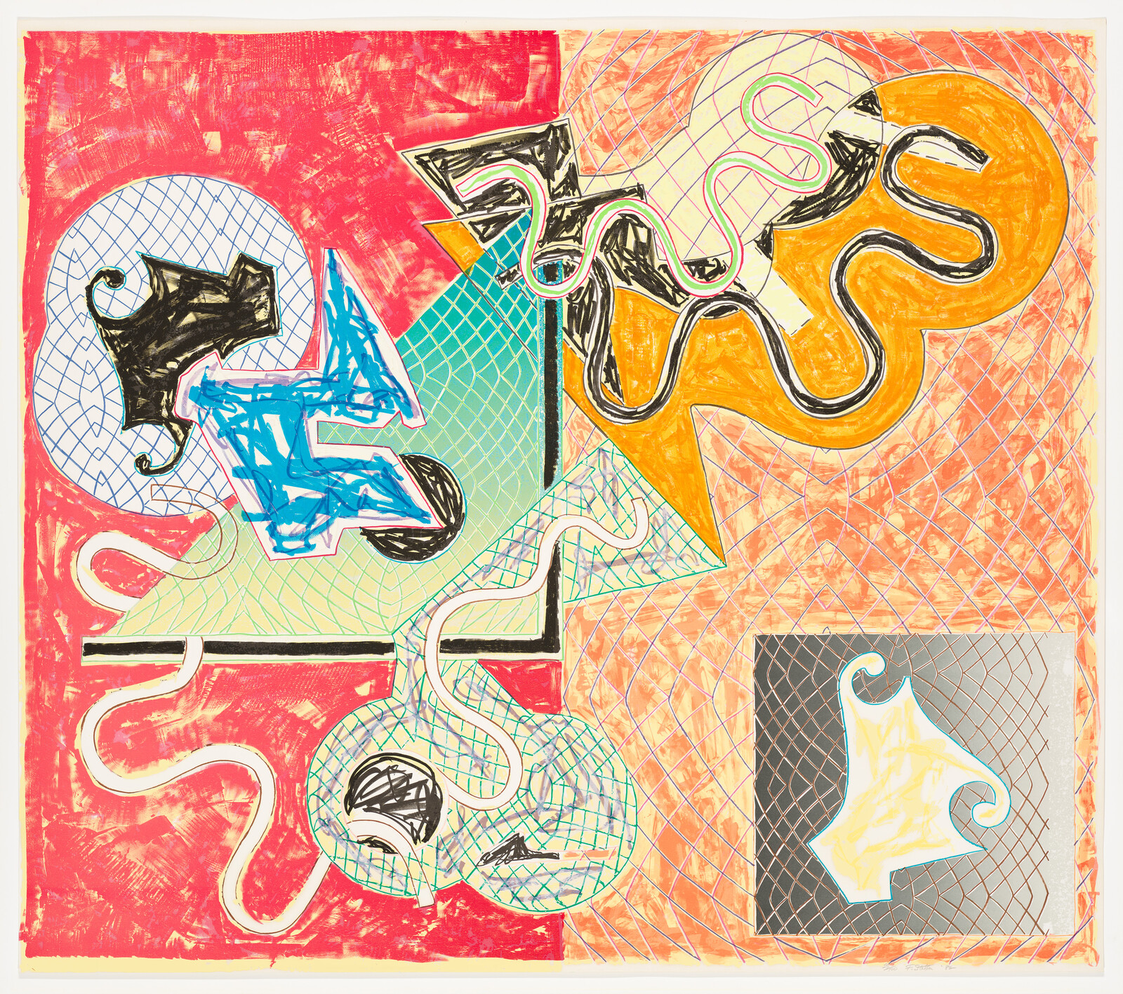 Bright abstract composition of colorful geometric shapes, wavy lines, and overlapping grid patterns.