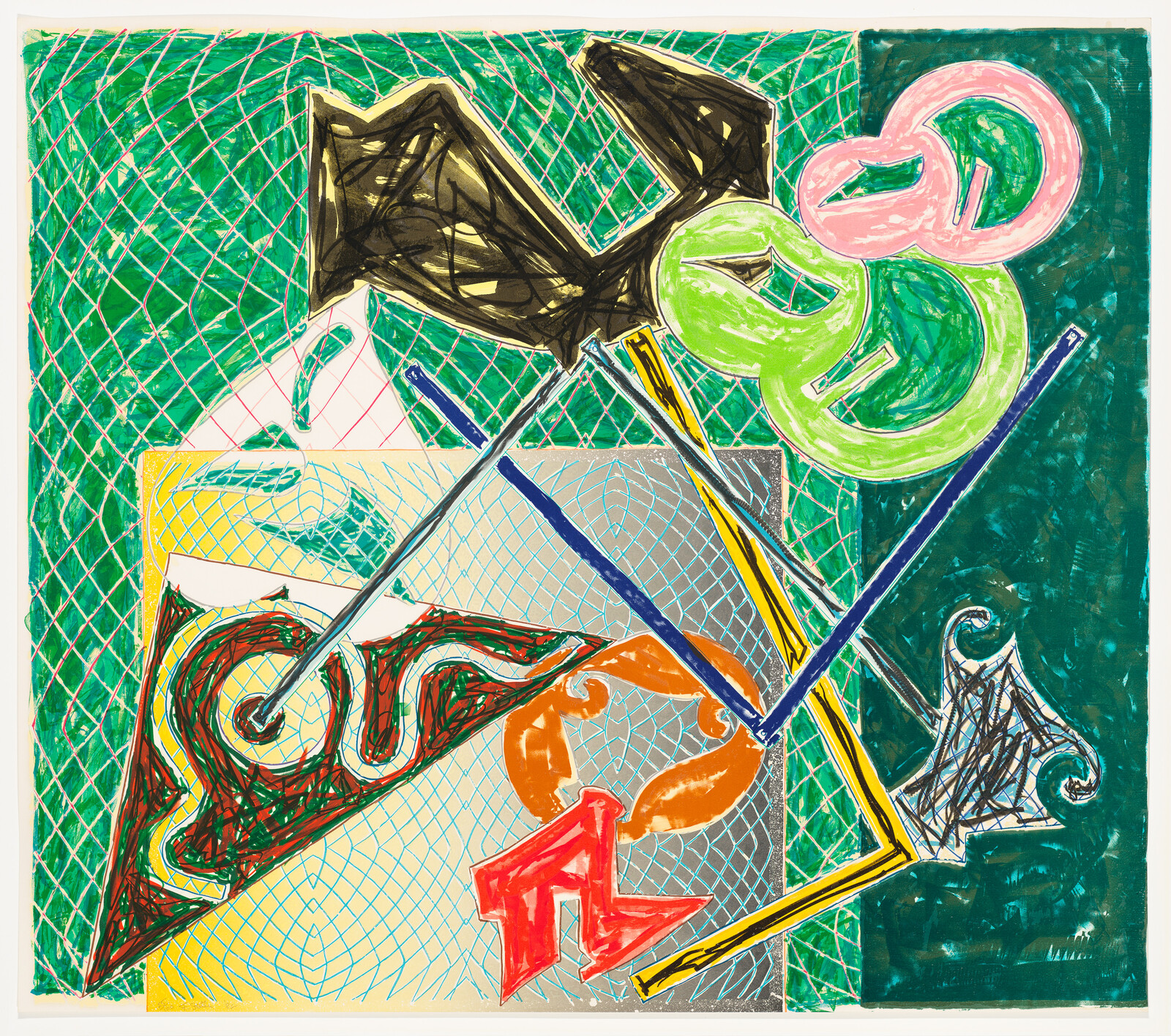 Colorful abstract composition of overlapping geometric shapes, grid patterns, and bold scribbled lines.