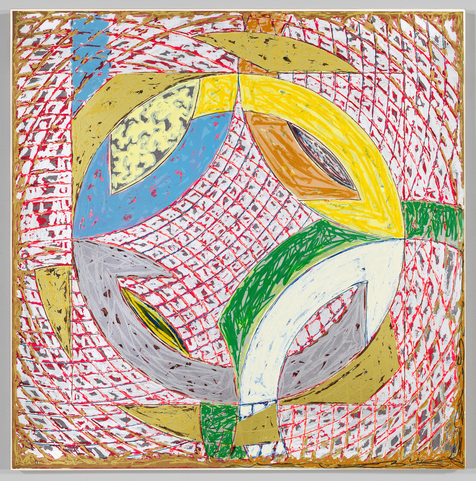 Abstract painting with curved shapes in yellow, green, blue, and gray over a red grid background.