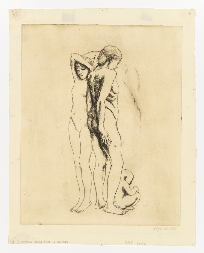 Two standing nude girls back-to-back with a seated infant curled at their feet.