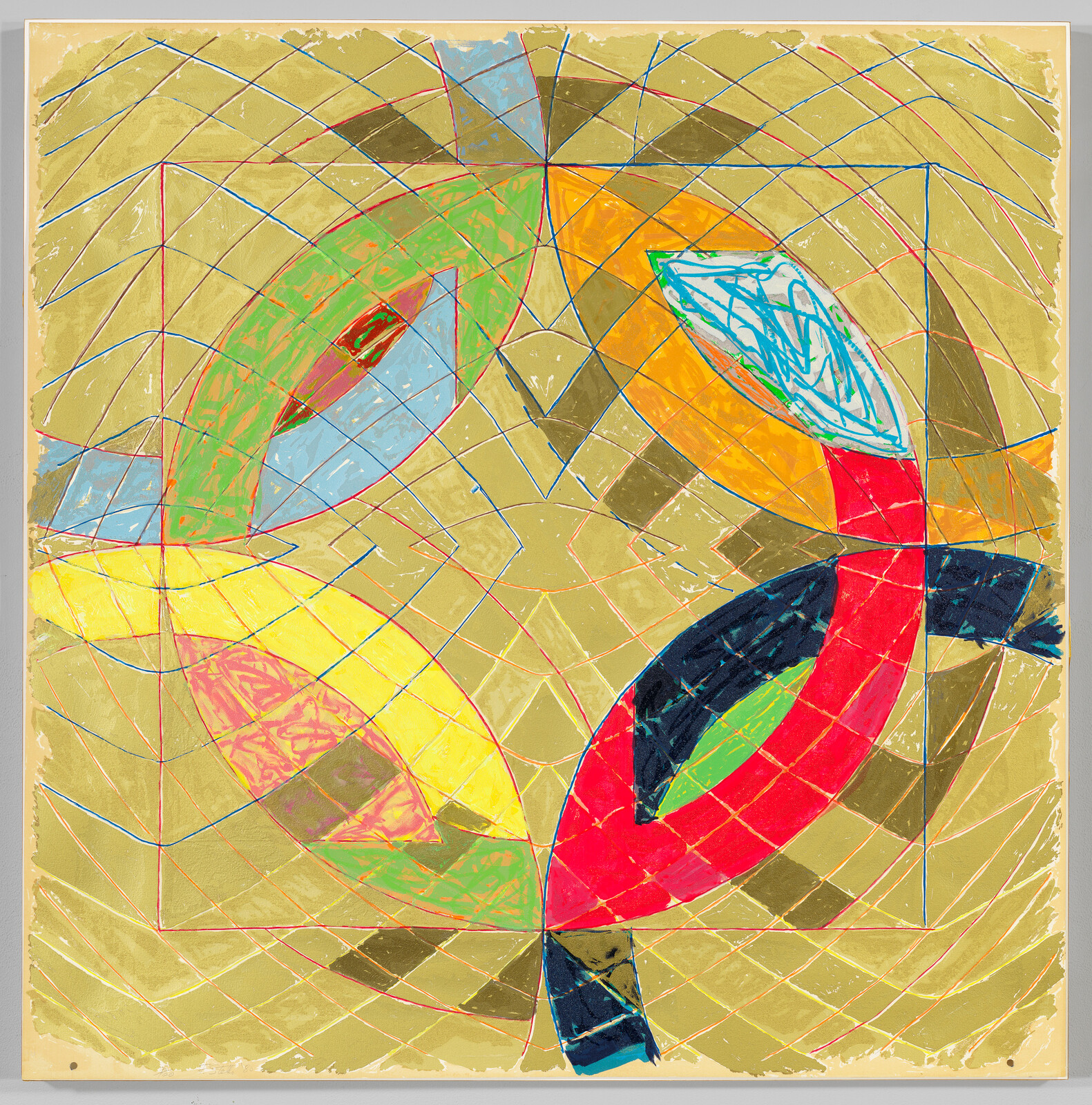 Abstract painting with intersecting curved shapes in red, green, yellow, and blue on a gold background with grid lines.