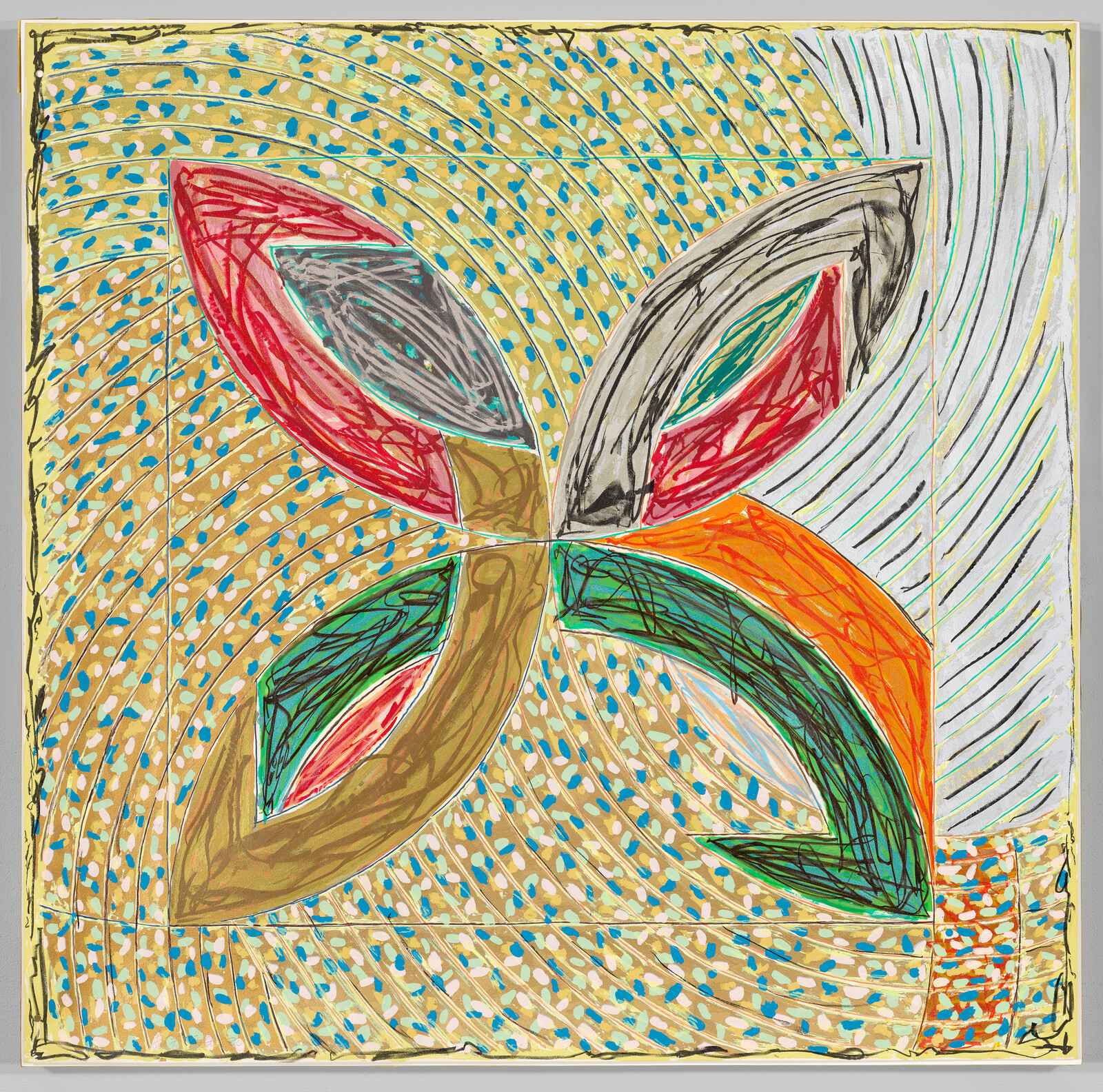 Colorful abstract drawing with four large leaf shapes in red, green, gold, and gray on a dotted background.