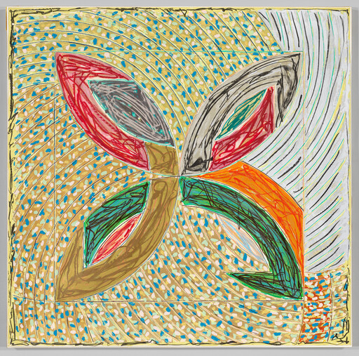 Four large colorful petal shapes radiate from center over a dotted, arced patterned background.