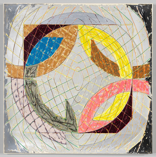 Abstract painting showing four colorful curved shapes forming a circular pattern over a grid.