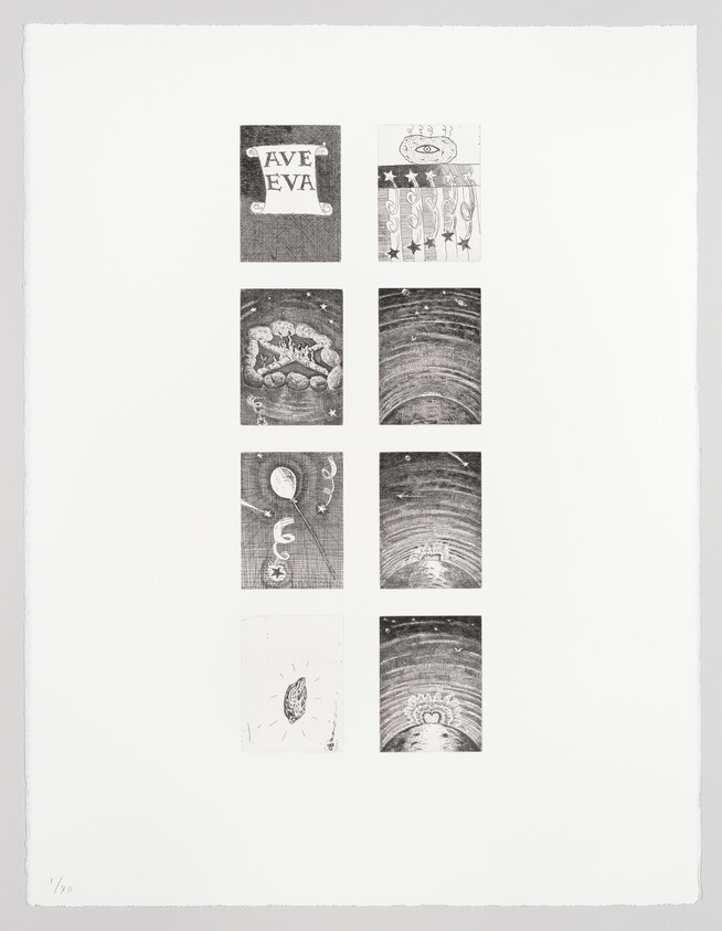 A vertical grid of eight small black-and-white illustrative panels showing celestial and symbolic scenes, one labeled "AVE EVA".