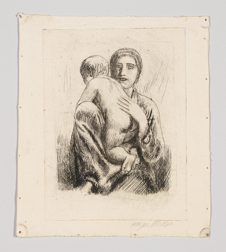 A mother holds a child tightly against her shoulder in a quiet, protective embrace.