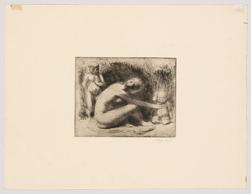 A seated nude woman reaches to touch a small child while another child stands nearby.