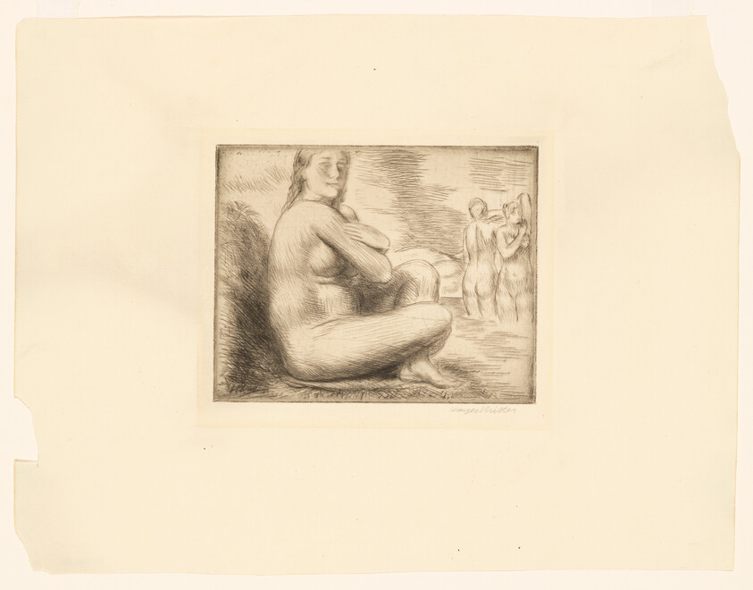 A seated nude woman rests with folded arms while two figures bathe in the background.